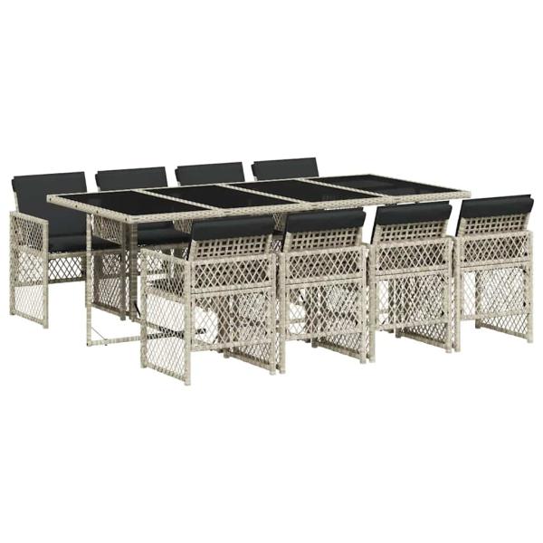 9-tlg. Garten-Essgruppe mit Kissen Hellgrau Poly Rattan