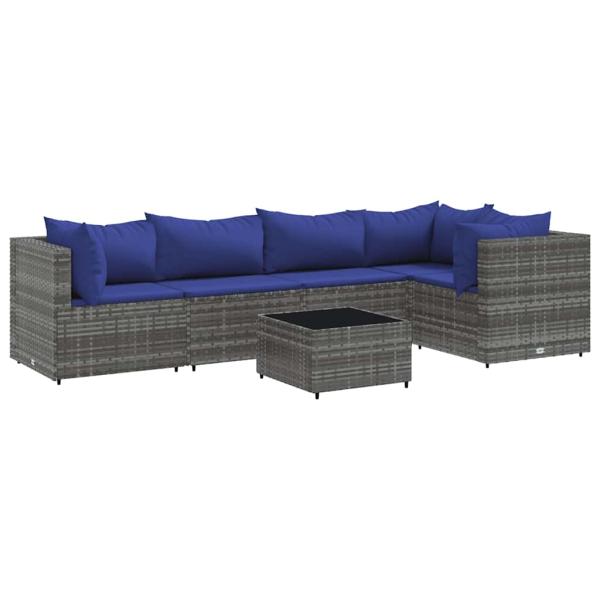 6-tlg. Garten-Lounge-Set mit Kissen Grau Poly Rattan