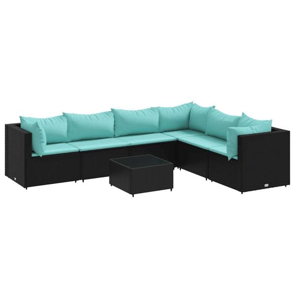 7-tlg. Garten-Lounge-Set mit Kissen Schwarz Poly Rattan