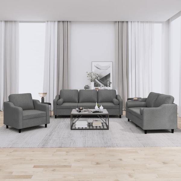 ARDEBO.de - 3-tlg. Sofagarnitur mit Kissen Dunkelgrau Stoff