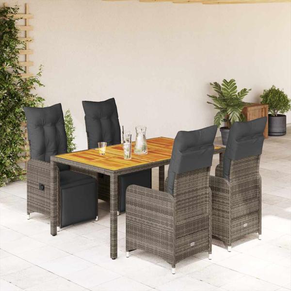 ARDEBO.de - 5-tlg. Garten-Bistro-Set mit Kissen Grau Poly Rattan