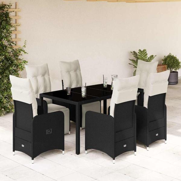ARDEBO.de - 7-tlg. Garten-Bistro-Set mit Kissen Schwarz Poly Rattan