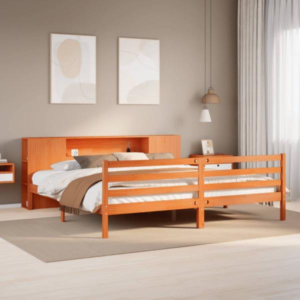 ARDEBO.de - Massivholzbett mit Regal ohne Matratze Wachsbraun 200x200 cm