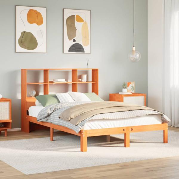 ARDEBO.de - Massivholzbett mit Regal ohne Matratze Wachsbraun 140x190 cm