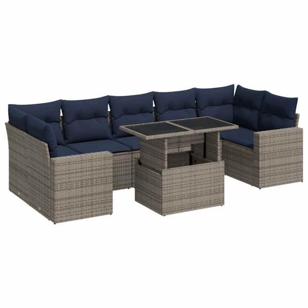 8-tlg. Garten-Sofagarnitur mit Kissen Grau Poly Rattan Akazie