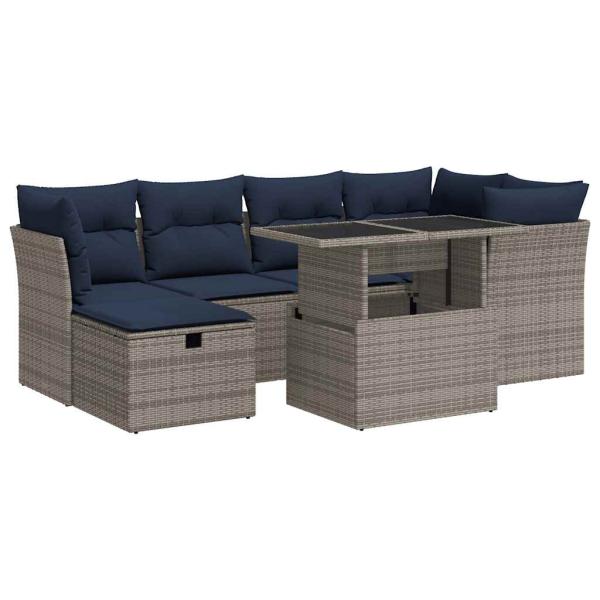 7-tlg. Garten-Sofagarnitur mit Kissen Grau Poly Rattan Akazie