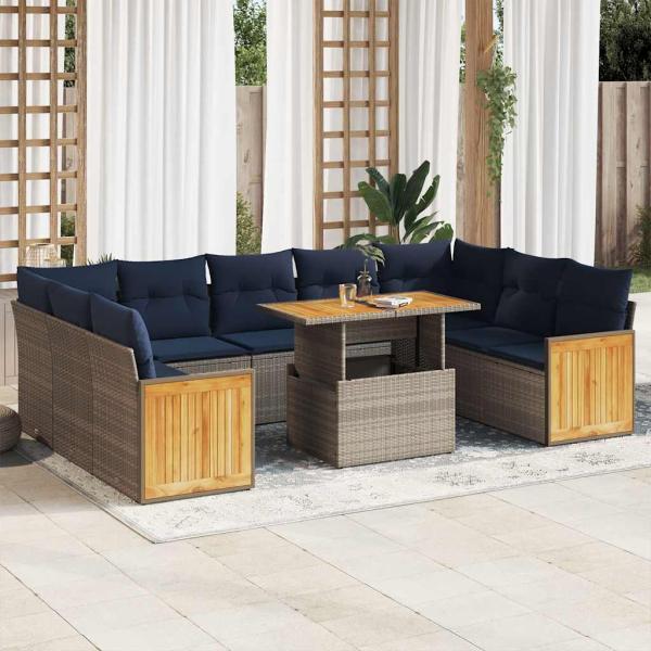 ARDEBO.de - 10-tlg. Garten-Sofagarnitur mit Kissen Grau Poly Rattan Akazie