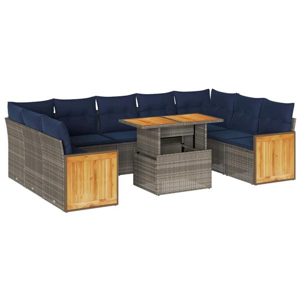 10-tlg. Garten-Sofagarnitur mit Kissen Grau Poly Rattan Akazie