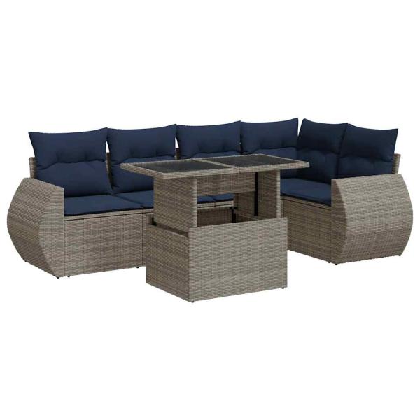 6-tlg. Garten-Sofagarnitur mit Kissen Grau Poly Rattan Akazie