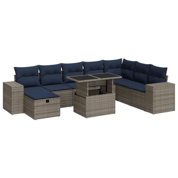 9-tlg. Garten-Sofagarnitur mit Kissen Braun Poly Rattan Akazie