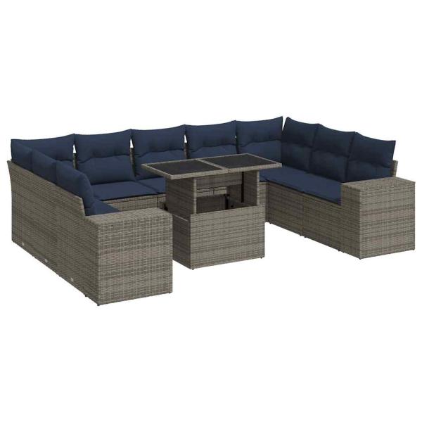 10-tlg. Garten-Sofagarnitur mit Kissen Grau Poly Rattan Akazie