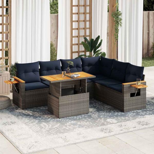 ARDEBO.de - 7-tlg. Garten-Sofagarnitur mit Kissen Grau Poly Rattan Akazie