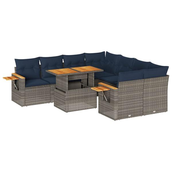 9-tlg. Garten-Sofagarnitur mit Kissen Grau Poly Rattan