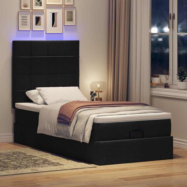 Ottoman-Bett mit Matratze & LEDs Schwarz 90x190 cm Stoff
