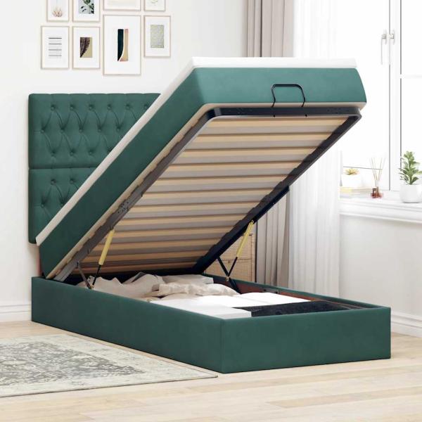 ARDEBO.de - Ottoman-Bett mit Matratzen & LEDs Dunkelgrün 90x190 cm Samt