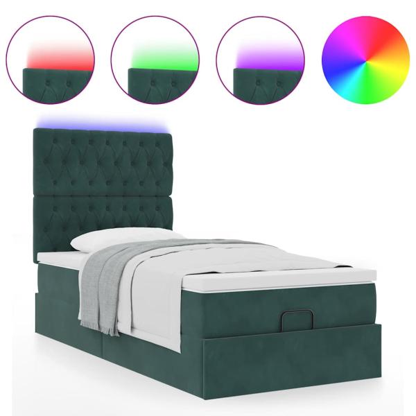 Ottoman-Bett mit Matratzen & LEDs Dunkelgrün 90x190 cm Samt