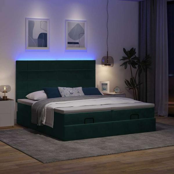 Ottoman-Bett mit Matratzen & LEDs Dunkelgrün 160x200 cm Samt