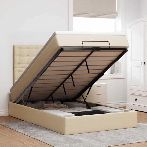 ARDEBO.de - Ottoman-Bett mit Matratze & LEDs Creme 120x190 cm Stoff