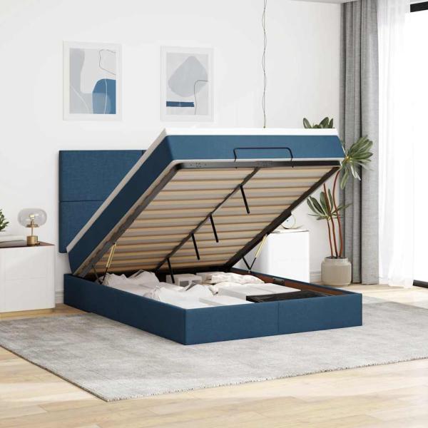 ARDEBO.de - Ottoman-Bett mit Matratze & LEDs Blau 140x190 cm Stoff