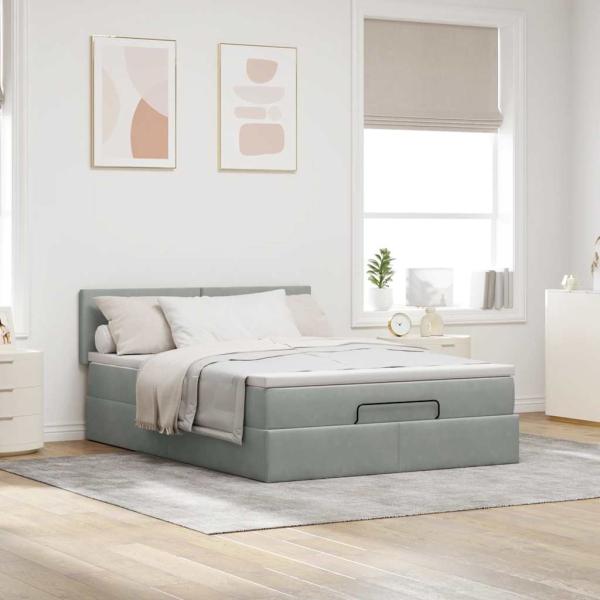 Ottoman-Bett mit Matratze & LEDs Hellgrau 140x190 cm Samt