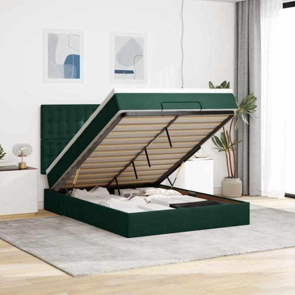 ARDEBO.de - Ottoman-Bett mit Matratzen & LEDs Dunkelgrün 140x190 cm Samt