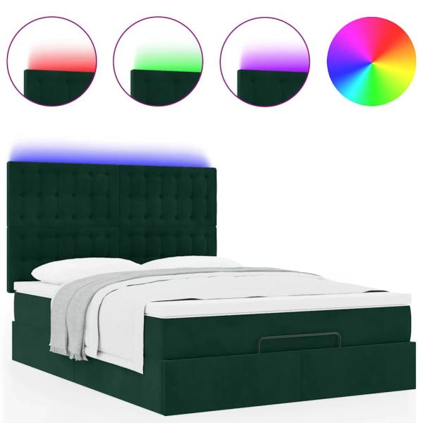 Ottoman-Bett mit Matratzen & LEDs Dunkelgrün 140x190 cm Samt