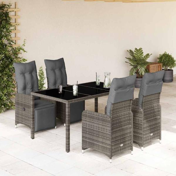 ARDEBO.de - 5-tlg. Garten-Bistro-Set mit Kissen Grau Poly Rattan