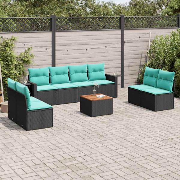 ARDEBO.de - 9-teiliges Gartensofa-Set mit Kissen, schwarzes Polyrattan