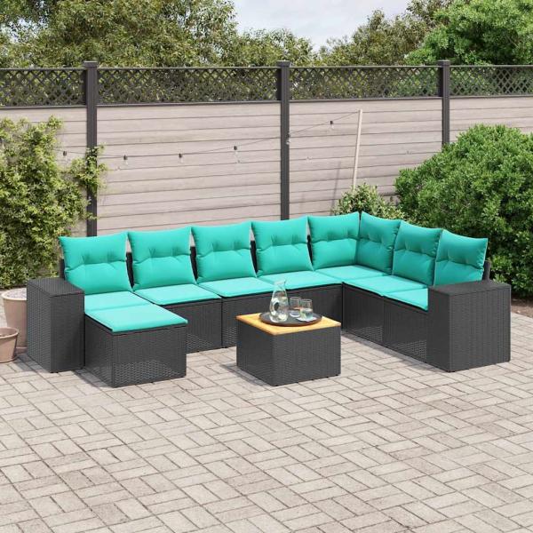 ARDEBO.de - 9-teiliges Gartensofa-Set mit Kissen, schwarzes Polyrattan