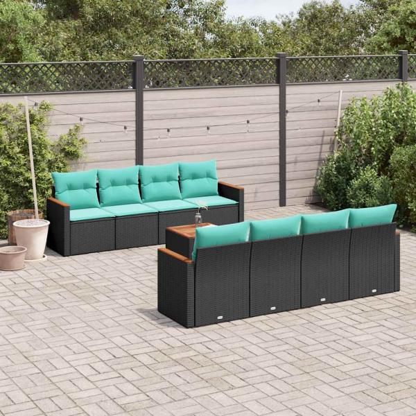 ARDEBO.de - 9-teiliges Gartensofa-Set mit Kissen, schwarzes Polyrattan
