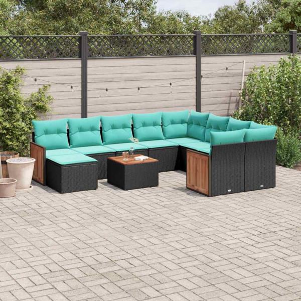 ARDEBO.de - 11-teiliges Gartensofa-Set mit Kissen, schwarzes Polyrattan