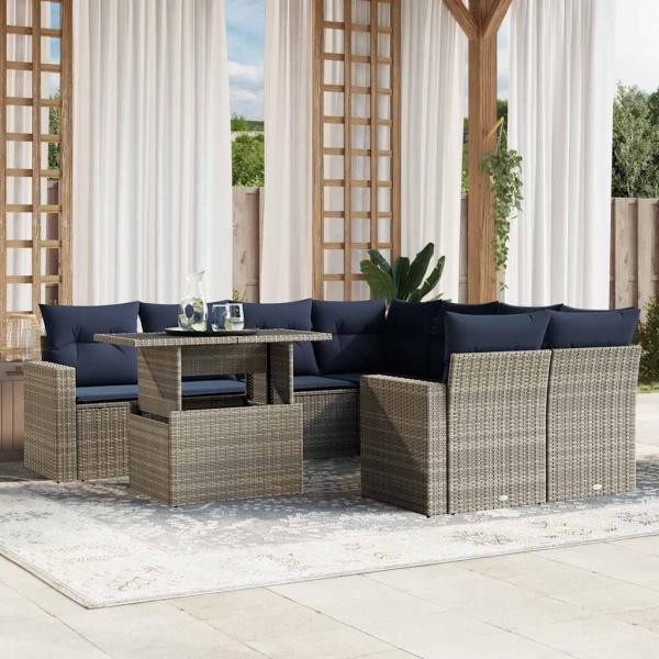 ARDEBO.de - 9-teiliges Gartensofa-Set mit Kissen, grau, Polyrattan