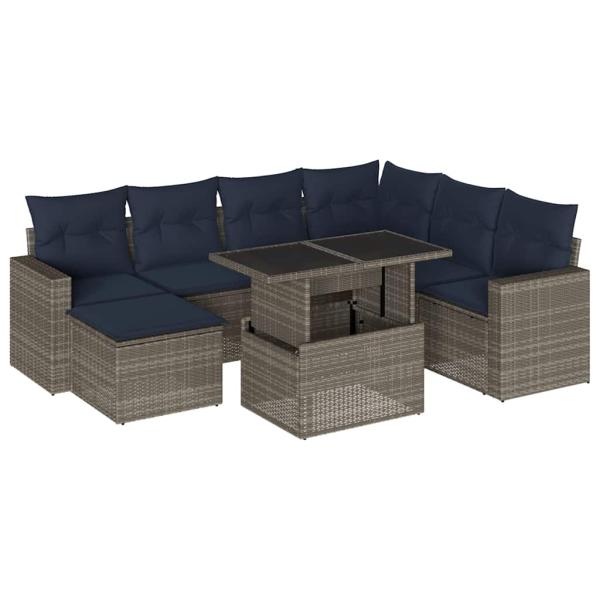 8-teiliges Gartensofa-Set mit Kissen, grau, Polyrattan