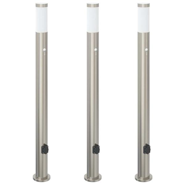 Pollerleuchten mit Sensor&Steckdose 3er 110 cm Edelstahl IP44