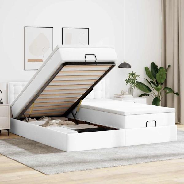 ARDEBO.de - Ottoman-Bett mit Matratzen & LEDs Weiß 160x200 cm Kunstleder