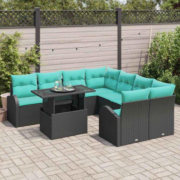 Garten-Sofa-Set 9 stk. Schwarz Poly Rattan
