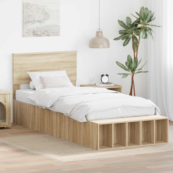 ARDEBO.de - Bettrahmen mit Regal Sonoma-Eiche 90 x 190 cm Holzwerkstoff