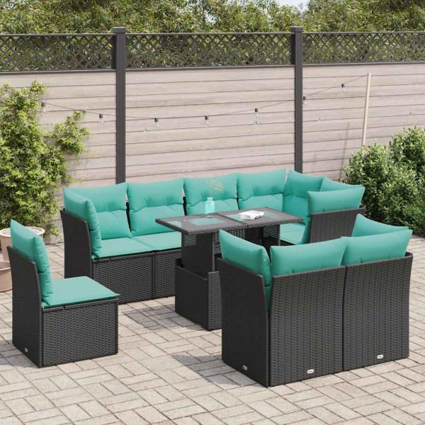 ARDEBO.de - 9-tlg. Garten-Sofagarnitur mit Kissen Schwarz Poly Rattan