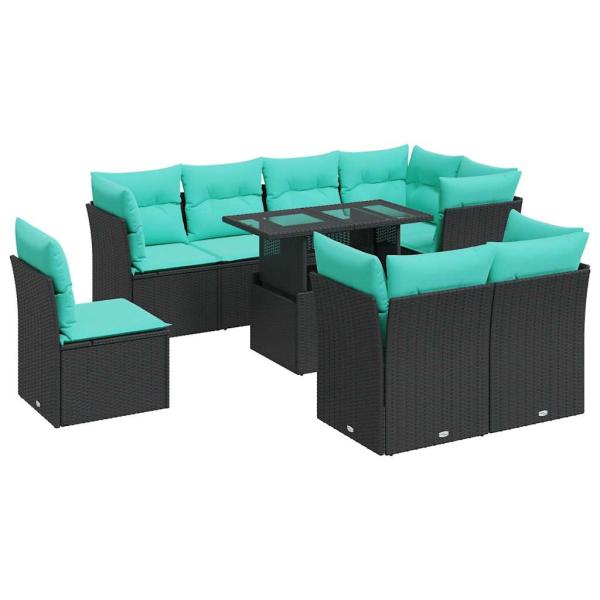 9-tlg. Garten-Sofagarnitur mit Kissen Schwarz Poly Rattan