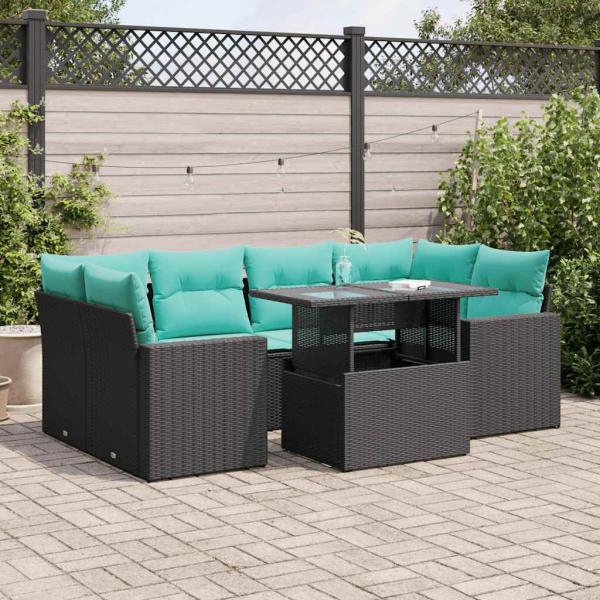 ARDEBO.de - 7-tlg. Garten-Sofagarnitur mit Kissen Schwarz Poly Rattan