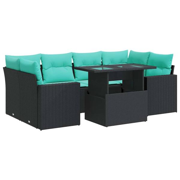 7-tlg. Garten-Sofagarnitur mit Kissen Schwarz Poly Rattan
