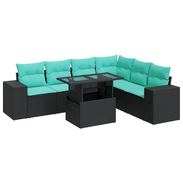 7-tlg. Garten-Sofagarnitur mit Kissen Schwarz Poly Rattan