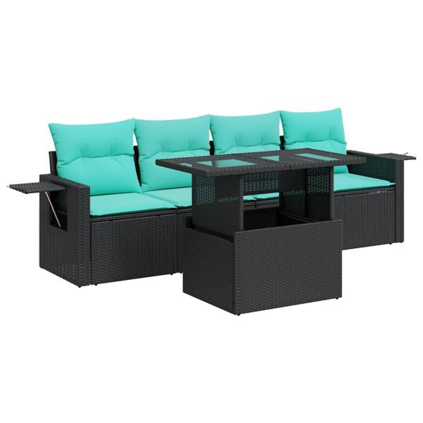 5-tlg. Garten-Sofagarnitur mit Kissen Schwarz Poly Rattan Akazie
