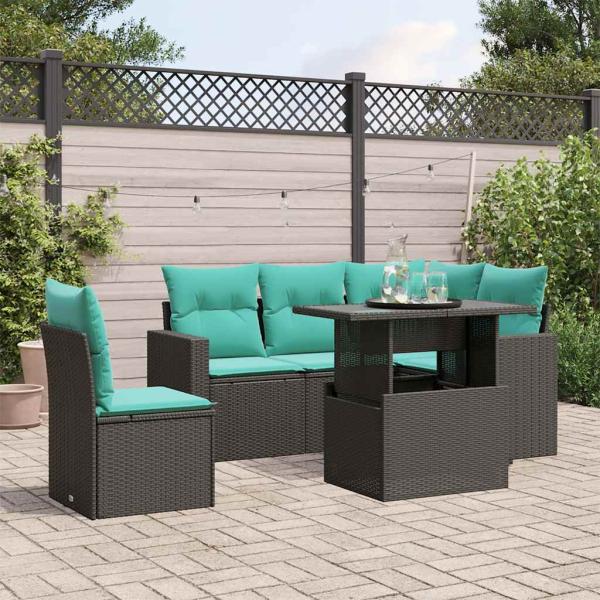 ARDEBO.de - 6-teiliges Gartensofa-Set mit Kissen, schwarzes Polyrattan