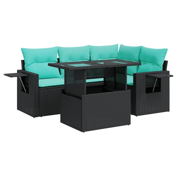5-tlg. Garten-Sofagarnitur mit Kissen Schwarz Poly Rattan Akazie