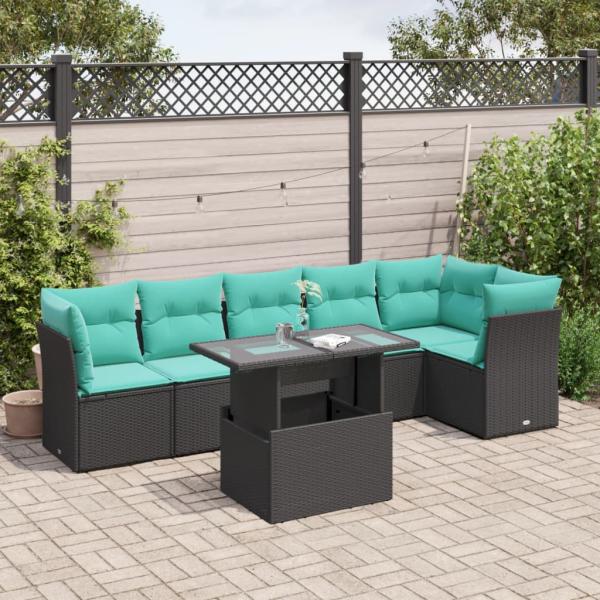ARDEBO.de - 7-teiliges Gartensofa-Set mit Kissen, schwarzes Polyrattan