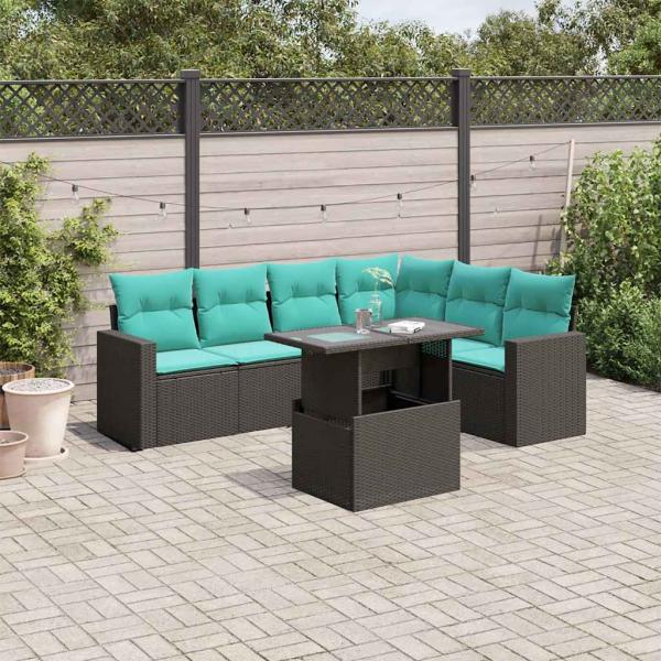 ARDEBO.de - 7-teiliges Gartensofa-Set mit Kissen, schwarzes Polyrattan