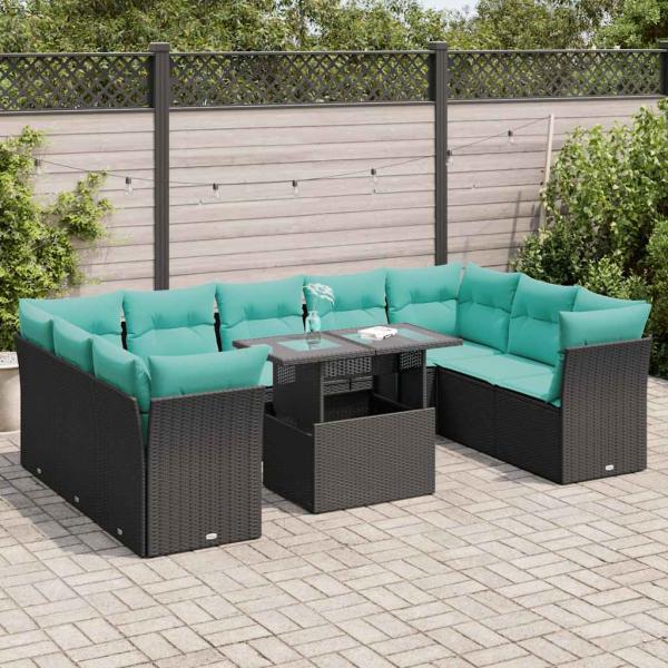 ARDEBO.de - 10-tlg. Garten-Sofagarnitur mit Kissen Schwarz Poly Rattan