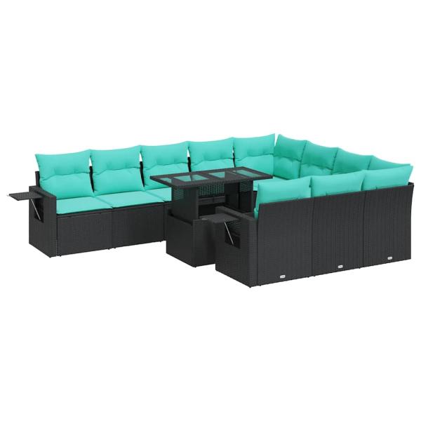11-tlg. Garten-Sofagarnitur mit Kissen Schwarz Poly Rattan