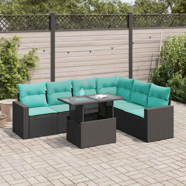 ARDEBO.de - 7-tlg. Garten-Sofagarnitur mit Kissen Schwarz Poly Rattan Akazie